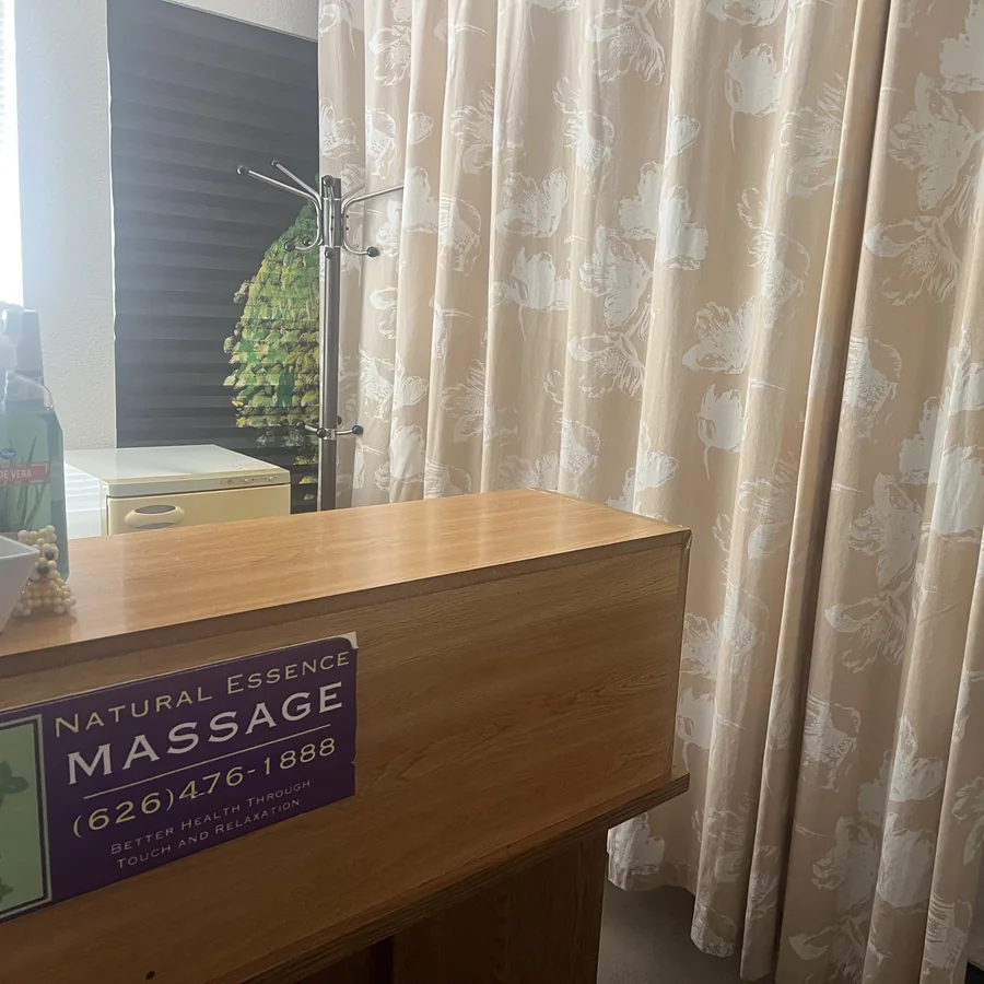 The Natural Essence Massage sign at the studio entrance